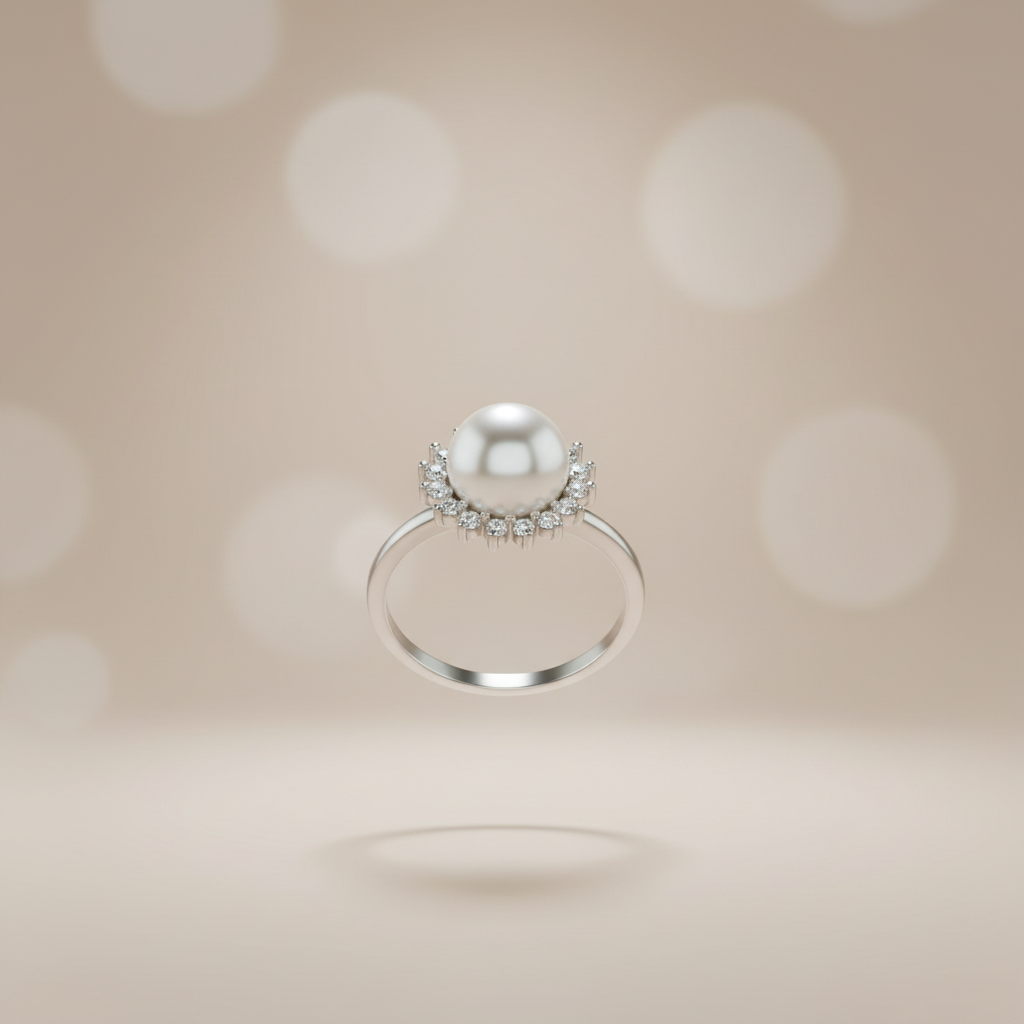 Zwevende zoetwaterparel ring zilver met zirkonia halo