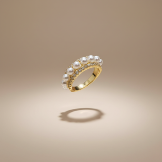 Zwevende dubbele band ring parels en zirkonia goud