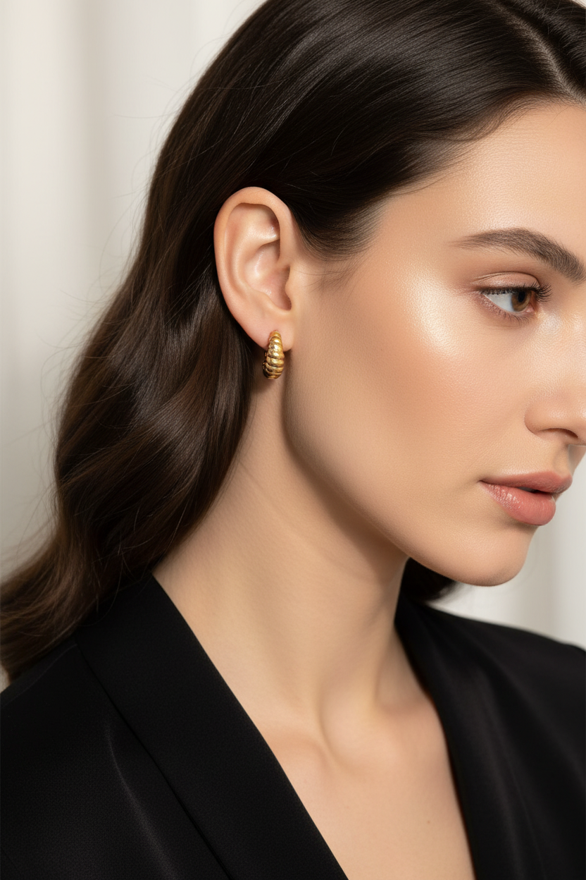Model draagt gouden croissant creool oorbellen gedraaid