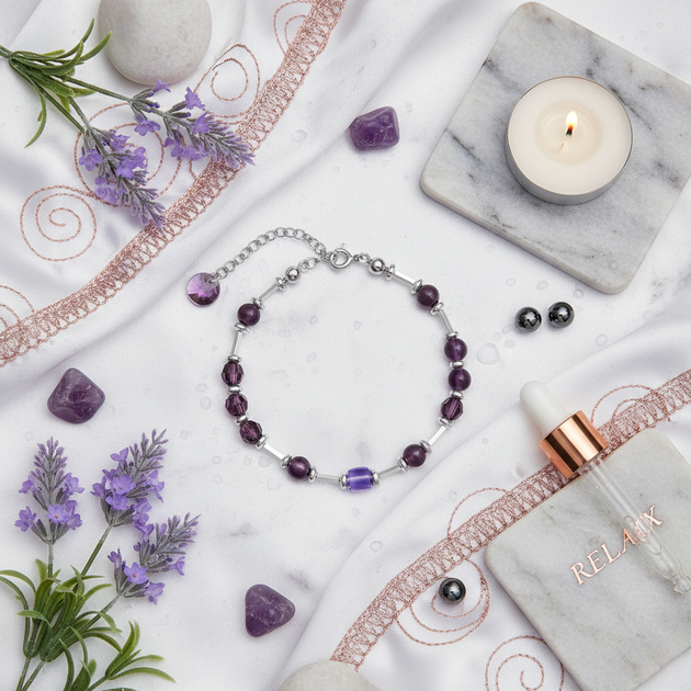 Amethist hematiet armband flatlay styling met luxe elementen