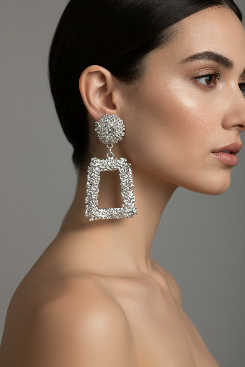 Model draagt zilveren statement oorbellen rechthoekig