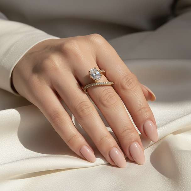 Model draagt slang ring goud serpent design