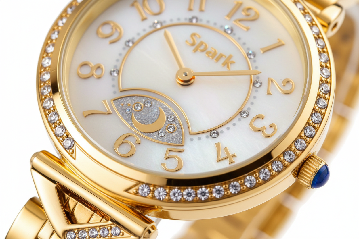 Detail shot parelmoeren wijzerplaat en kristallen