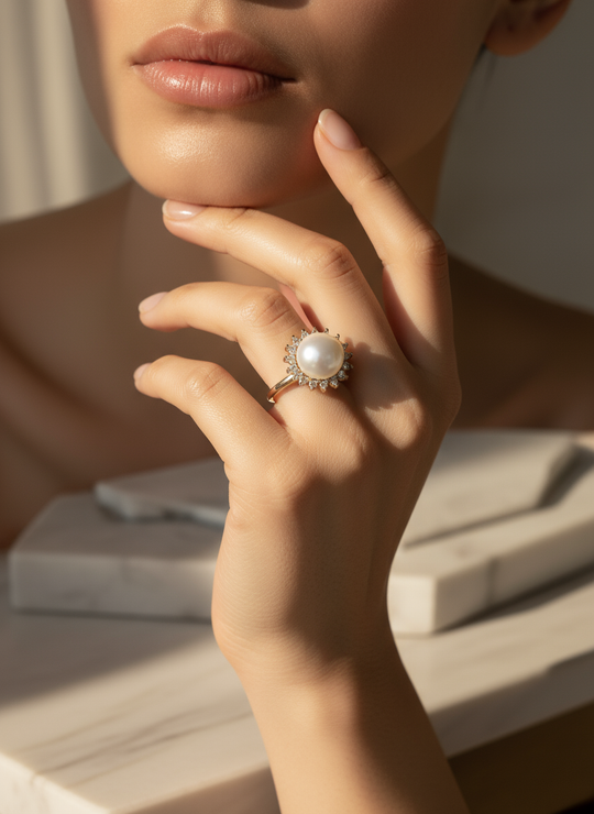 Witte Parel Ring 18K Verguld Verstelbaar 9-10mm