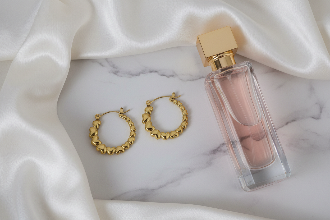 Gouden creool oorbellen hartjes op wit marmer met satijn en parfum