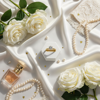 Lifestyle flatlay verlovingsring met rozen