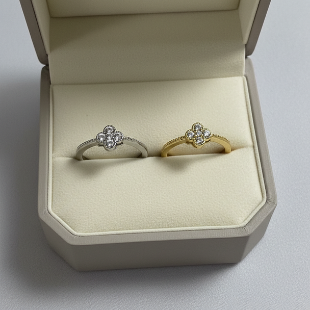 Beide kleuren klavervier ringen in luxe sieradendoos