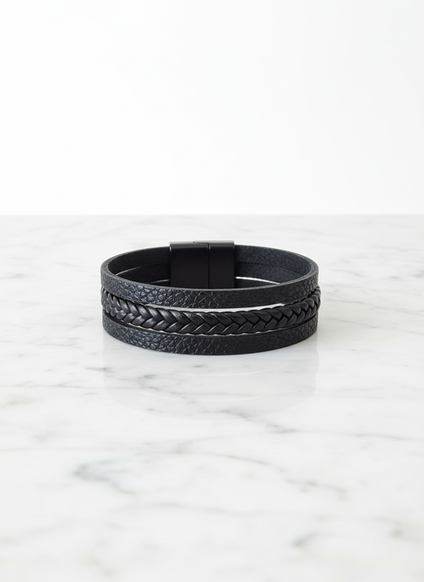 Heren Armband Zwart Leer Triple