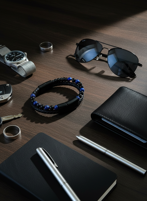 Heren Armband Blauw Leer