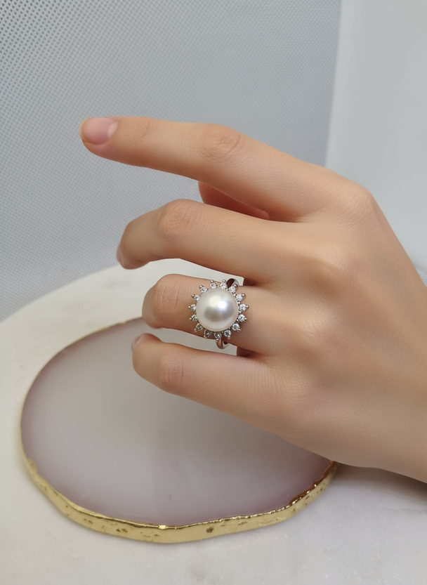 Witte Parel Ring 18K Verguld Verstelbaar 9-10mm