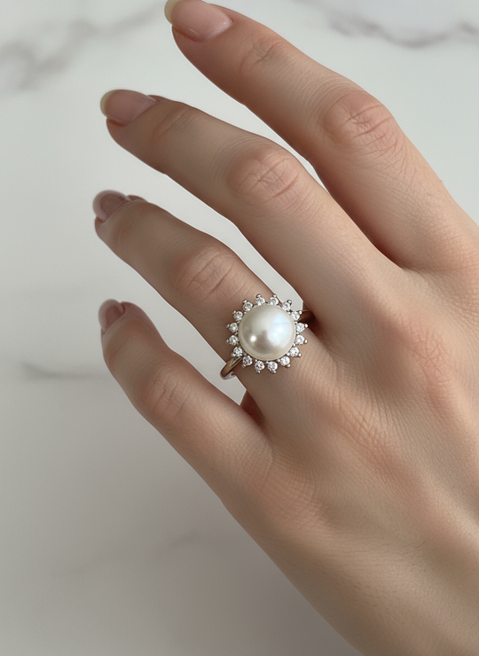 Witte Parel Ring 18K Verguld Verstelbaar 9-10mm