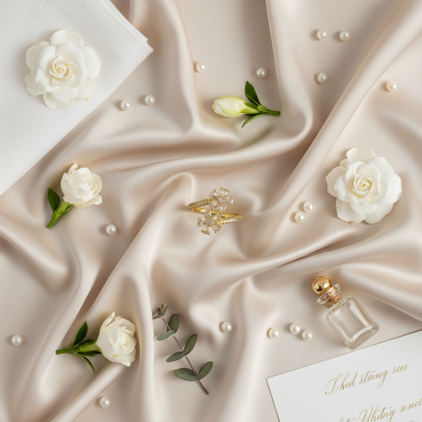 Lifestyle flatlay dubbele bloem ring met luxe elementen