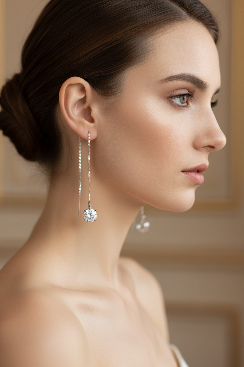 Model draagt zilveren doortrek oorbellen met zirkonia