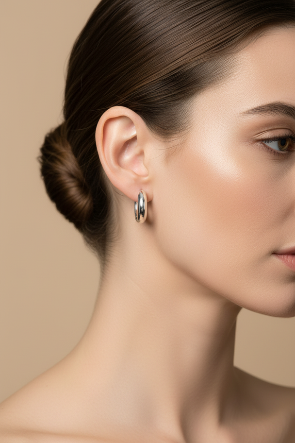 Model draagt zilveren chunky creool oorbellen