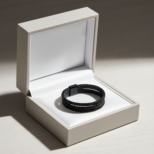 Zwarte leren armband in luxe sieradendoos