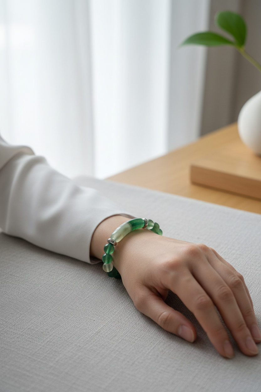 Vrouw draagt groene agaat armband lifestyle