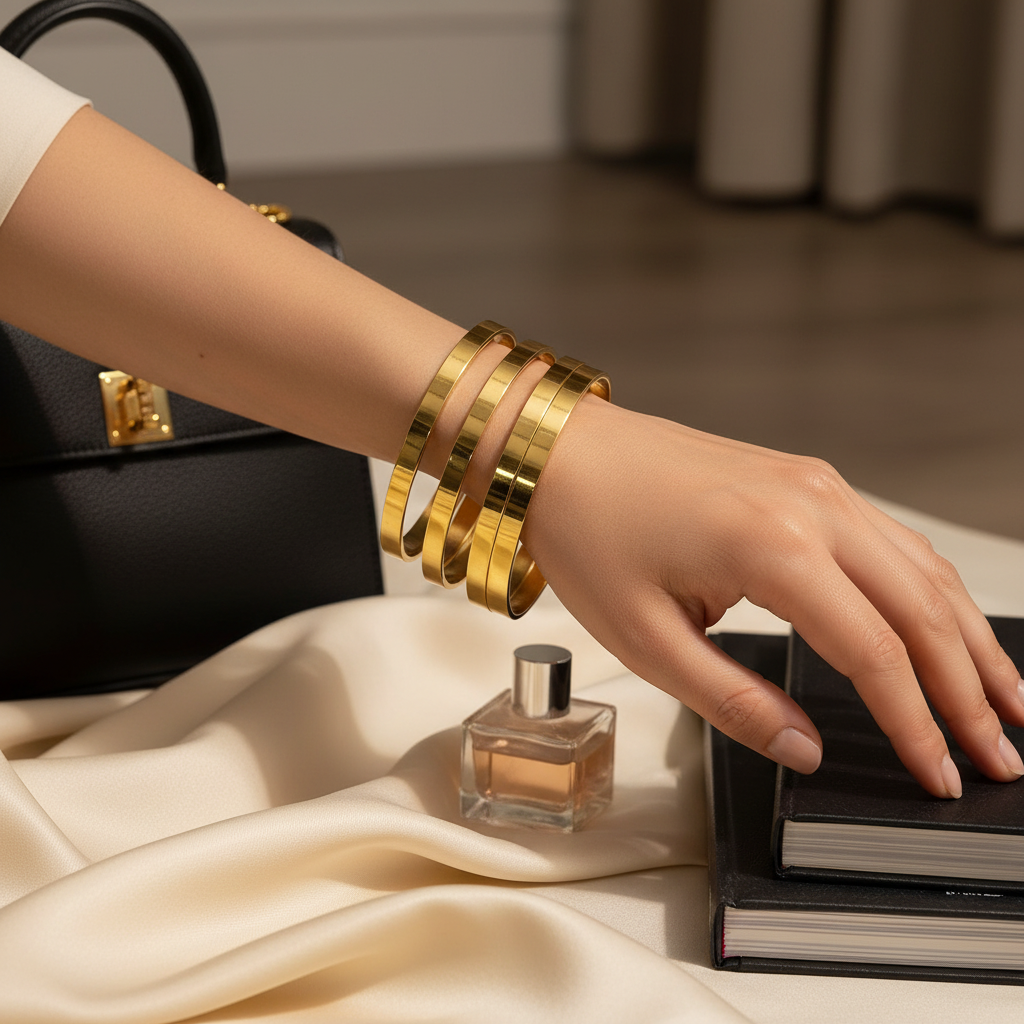 Set van 4 gouden bangle armbanden lifestyle foto