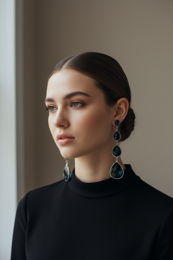 Model portret met druppel oorbellen