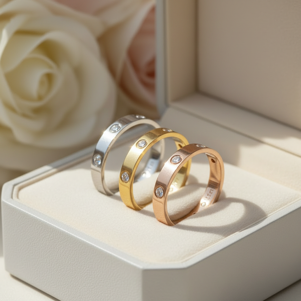 Alle 3 kleuren vriendschapsringen in luxe sieradendoos