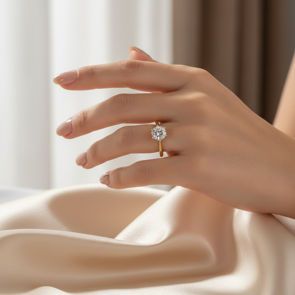 Model draagt solitaire verlovingsring