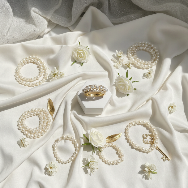 Lifestyle flatlay parel ring met luxe elementen