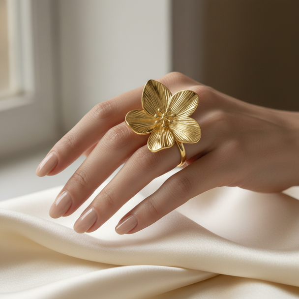 Model draagt grote bloem ring statement