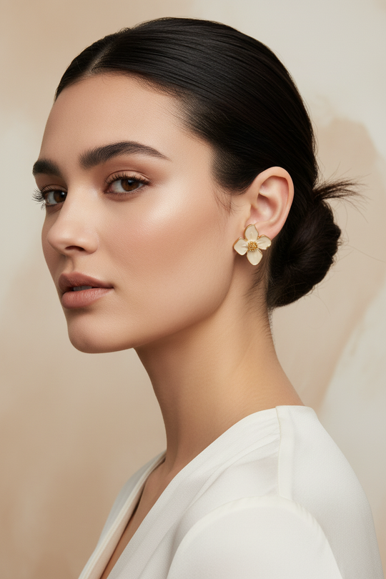 Model portret met bloem oorknopjes beige goud