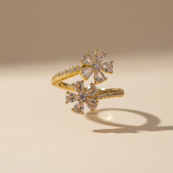 Zwevende dubbele bloem ring goud champagne zirkonia