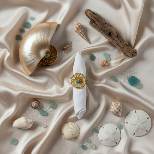 Lifestyle flatlay nautilus ring met schelpen
