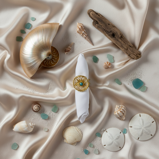 Lifestyle flatlay nautilus ring met schelpen