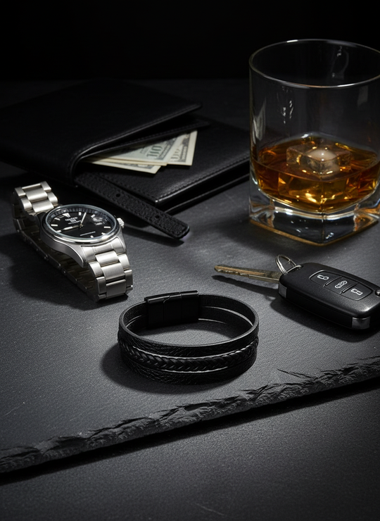 Heren Armband Zwart Leer Triple