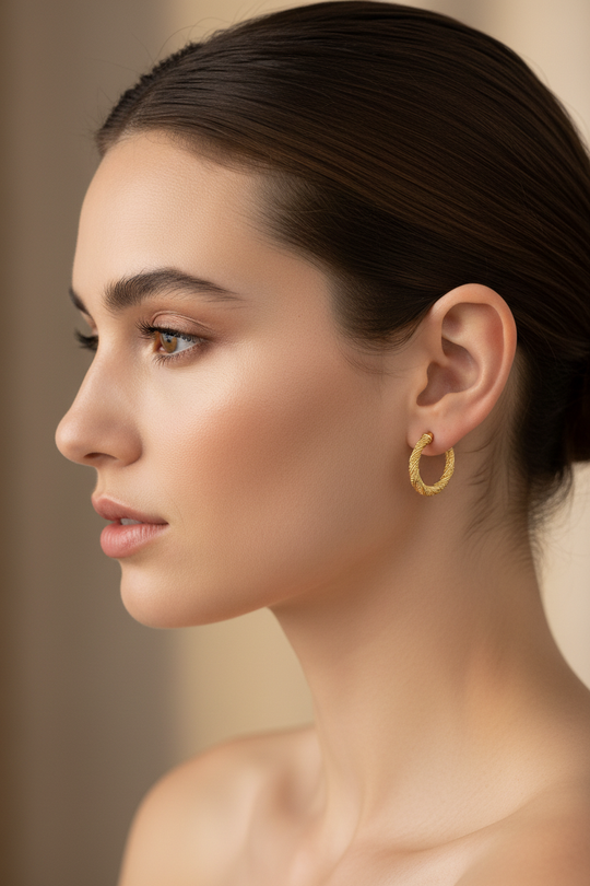 Model draagt gouden creool oorbellen met gedraaid patroon