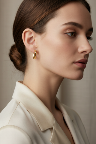 Model draagt vierkante gouden creool oorbellen gedraaid