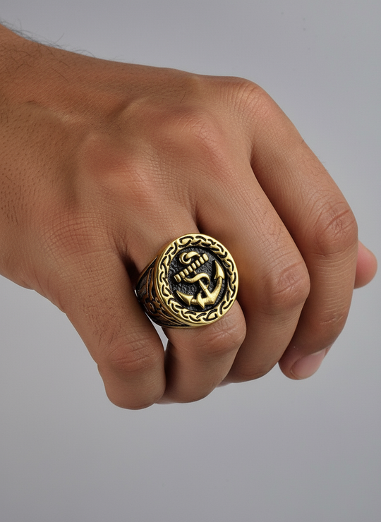 Vintage Viking Zwarte Anker Ring voor Mannen 18K Verguld Roestvrij Staal
