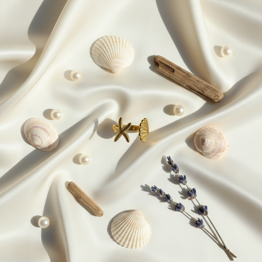 Lifestyle flatlay zeester ring strand thema