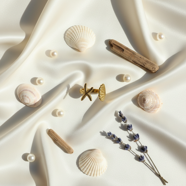 Lifestyle flatlay zeester ring strand thema