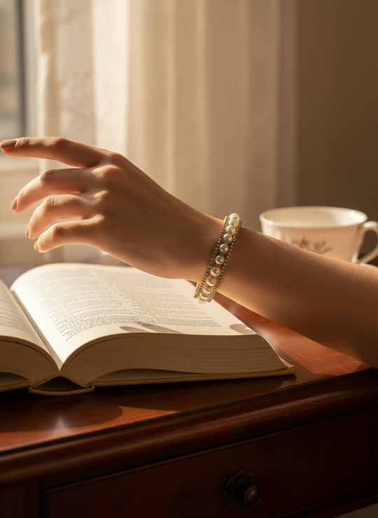 Nischenperlenarmband mit Bergkristall – goldfarben – elastisch