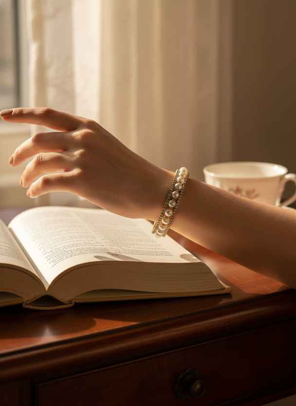 Nischenperlenarmband mit Bergkristall – goldfarben – elastisch