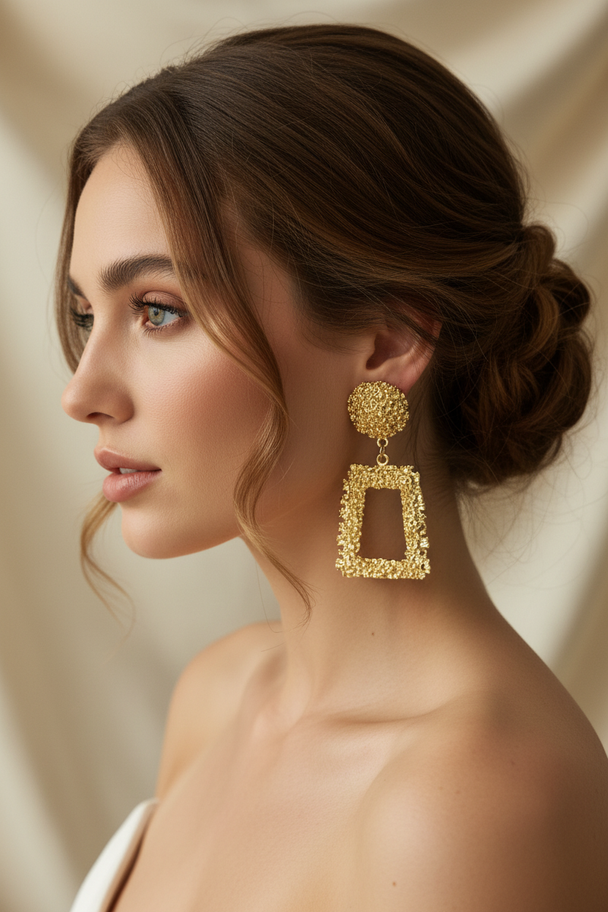 Model draagt gouden statement oorbellen rechthoekig