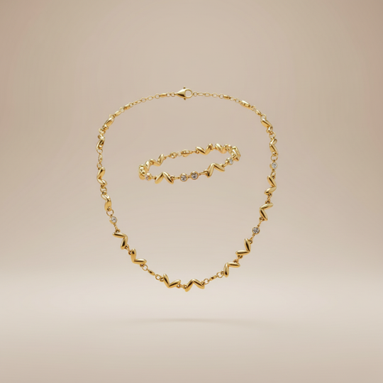 Zwevende zigzag wave ketting en armband set goud