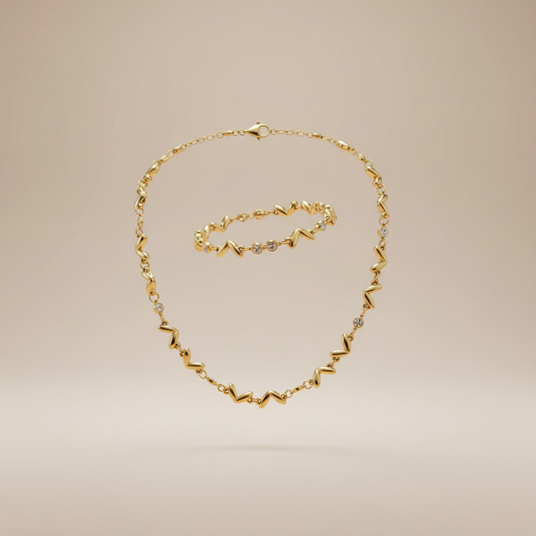 Zwevende zigzag wave ketting en armband set goud