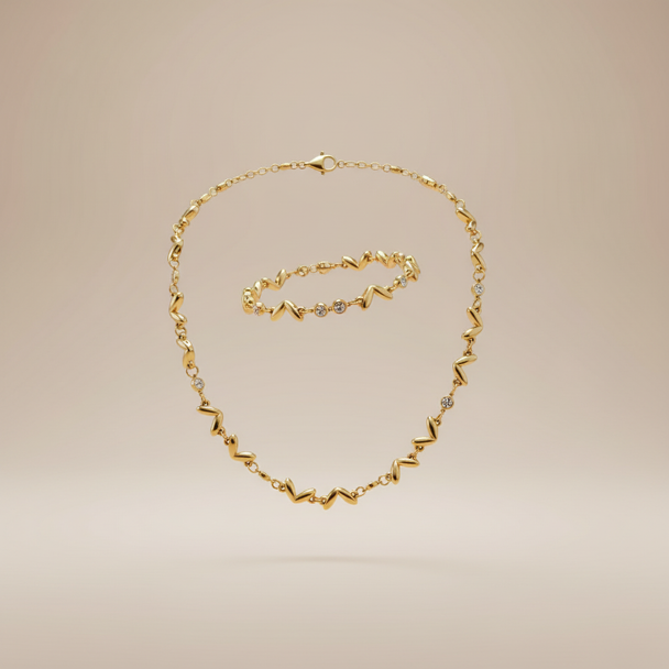 Zwevende zigzag wave ketting en armband set goud