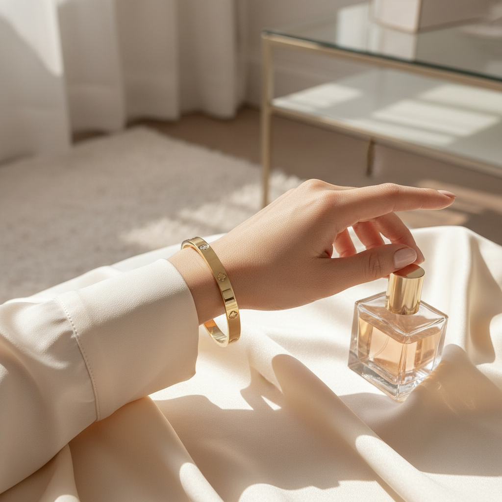 Model met gouden bangle armband klavertje