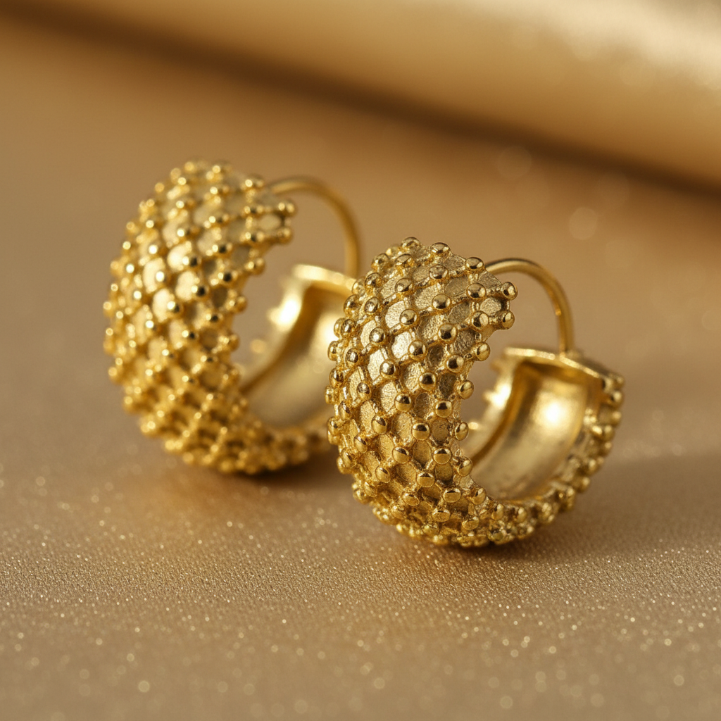 Detail shot gouden creool oorbellen gestructureerd bolletjes