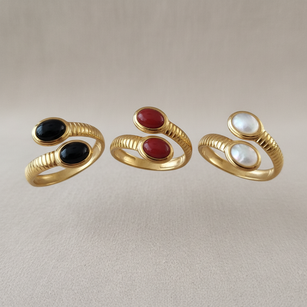 Zwevende retro ringen alle 3 kleuren zwart rood parelmoer