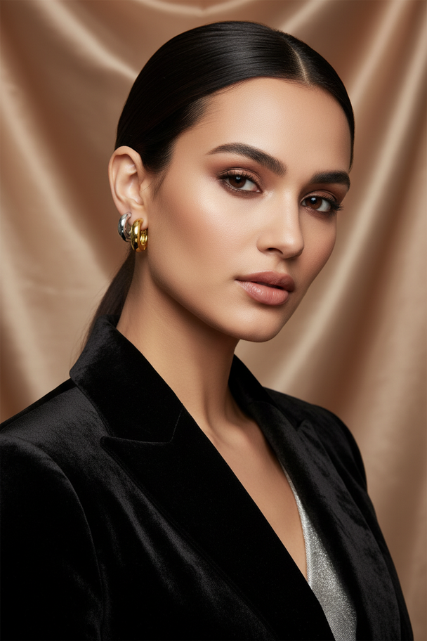 Model draagt chunky creool oorbellen - beide kleuren