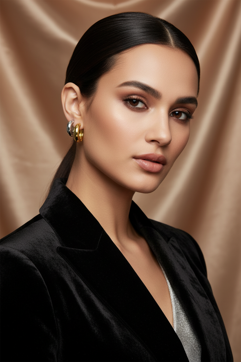 Model draagt chunky creool oorbellen - beide kleuren