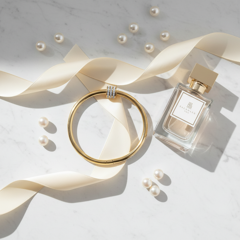 Gouden nagel bangle armband flat lay luxe