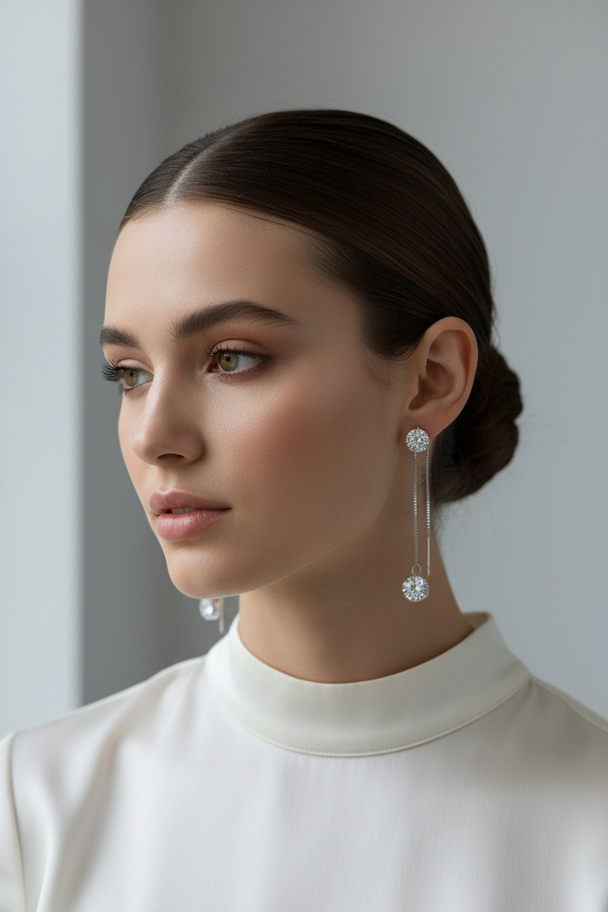 Model portret met zilveren doortrek oorbellen