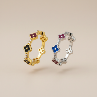 Zwevende klavervier ringen goud en zilver met emaille